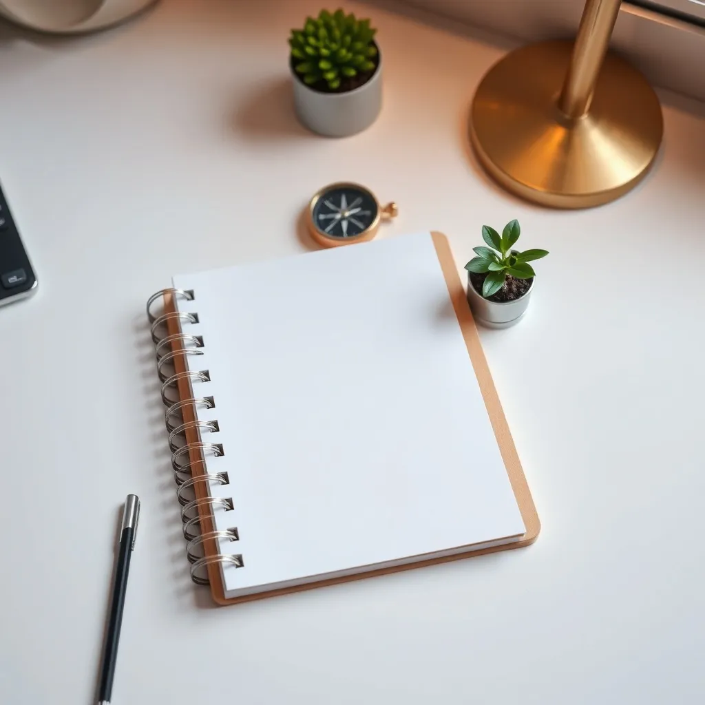 A minimalist desk with a wooden planner, a compass, and a sm