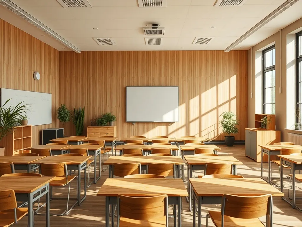 A modern classroom in Debrecen with wooden furniture, focuse