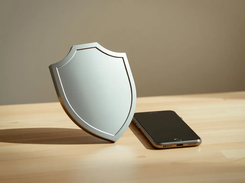 A minimalist conceptual photo of a sleek metallic shield pla