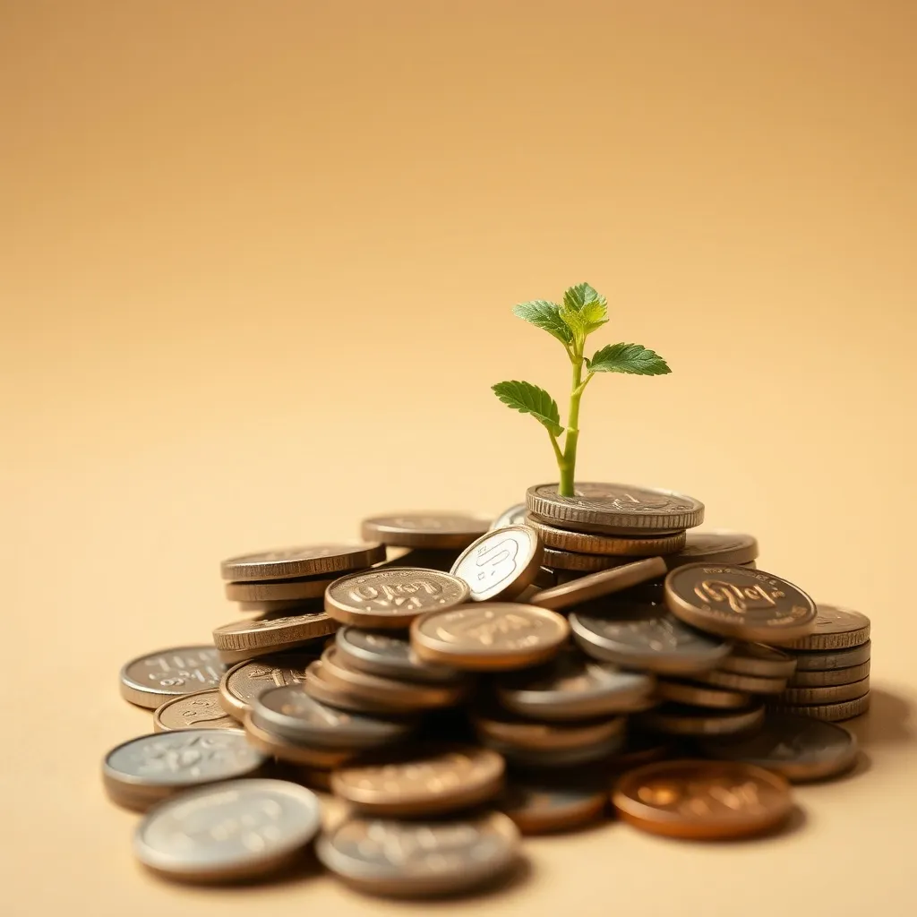 A small green plant growing out of a pile of coins, clean ba