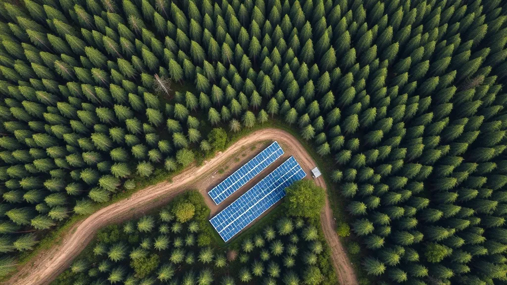 Aerial view of a sustainable forest plantation with solar pa