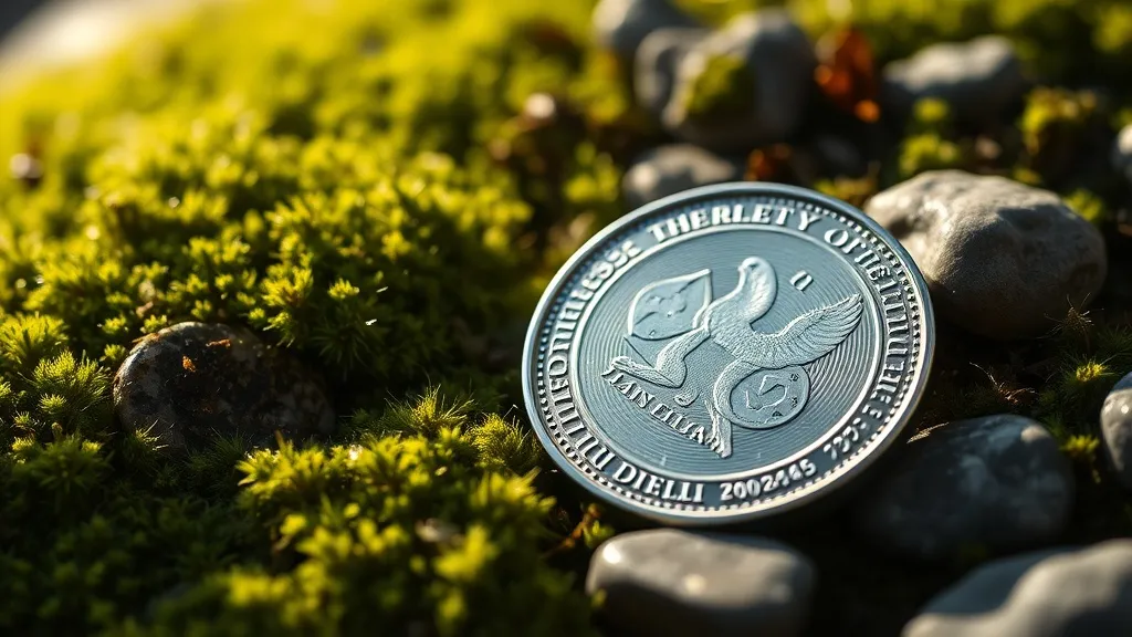 A detailed macro photography of a silver coin lying on natur