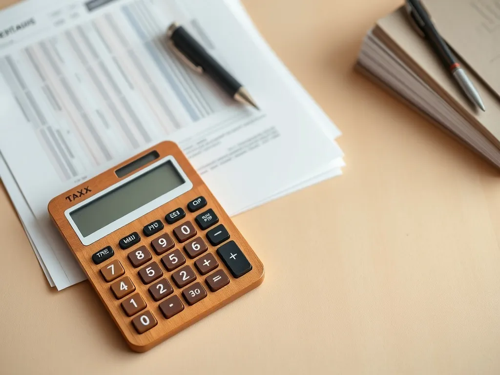 A wooden calculator and neatly stacked documents on a beige